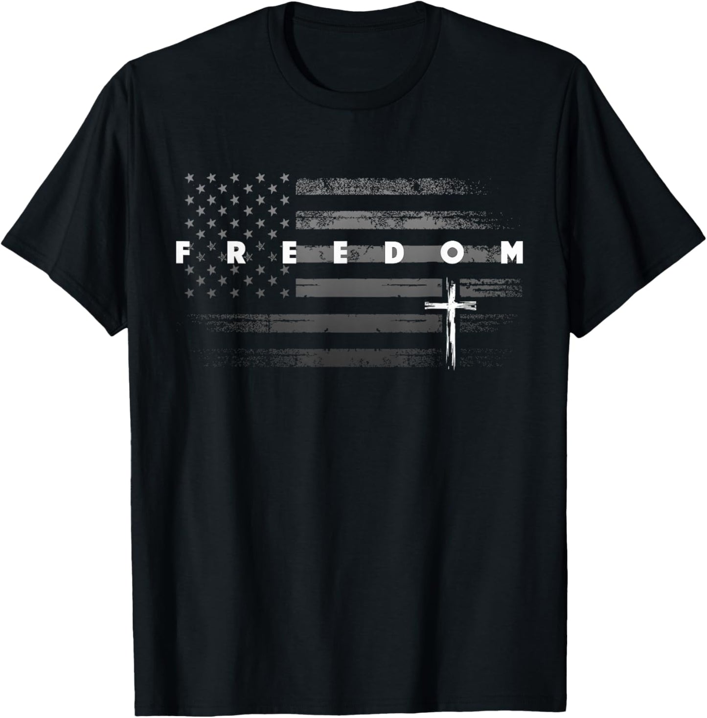 Grunge American Flag and Cross Faith Family Freedom T-Shirt - T-Shirt | Black