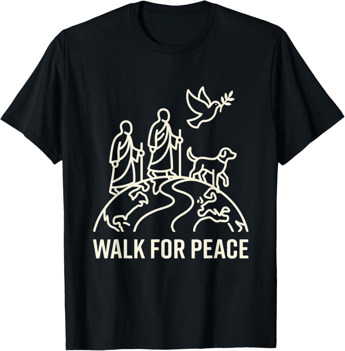 Walk for Peace Aloka Monks with Dog and Dove Line Art T-Shirt - T-Shirt | Black