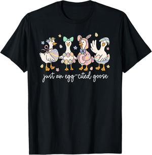 Just an Egg-Cited Goose Silly Funny Bunny Happy Easter Retro T-Shirt - T-Shirt | Black