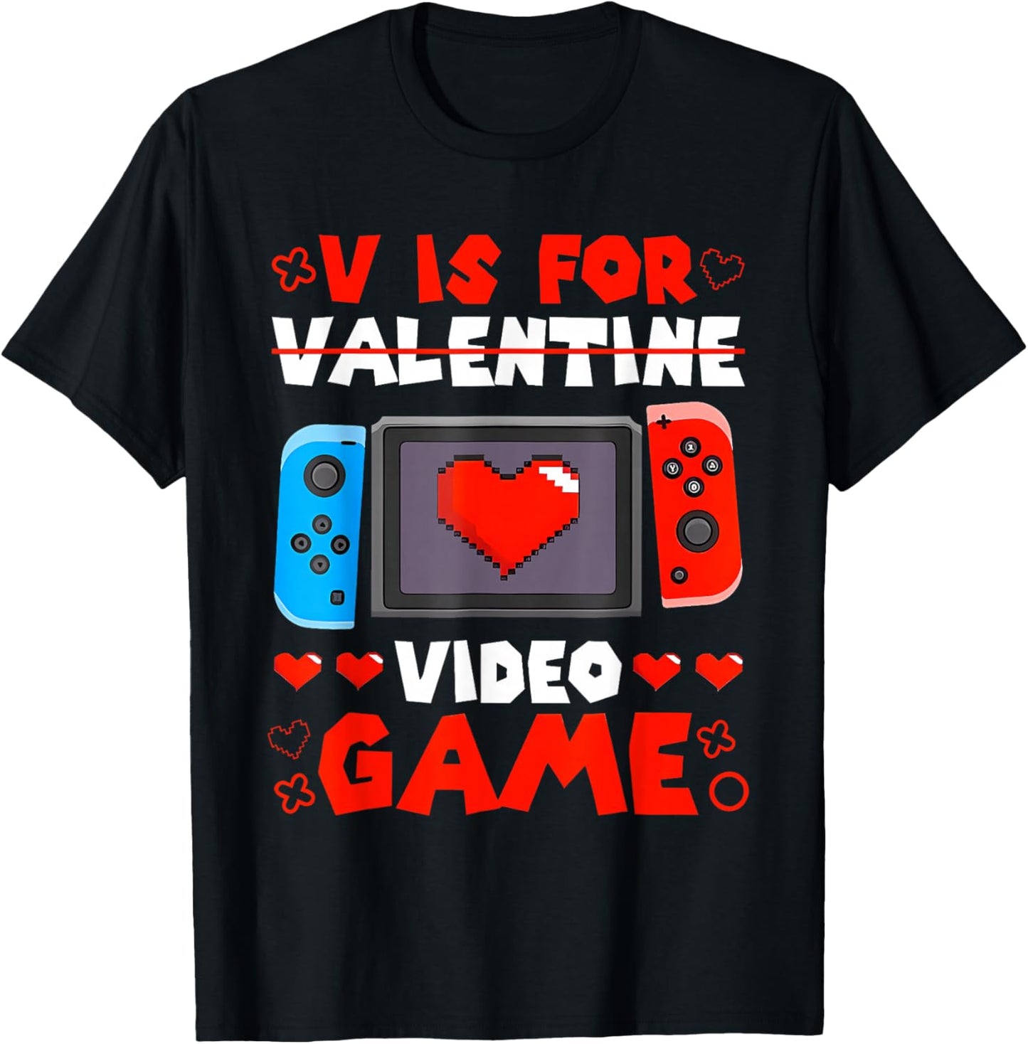 V is for Video Games Funny Valentines Gamer Boy Men Kids T-Shirt - T-Shirt | Black
