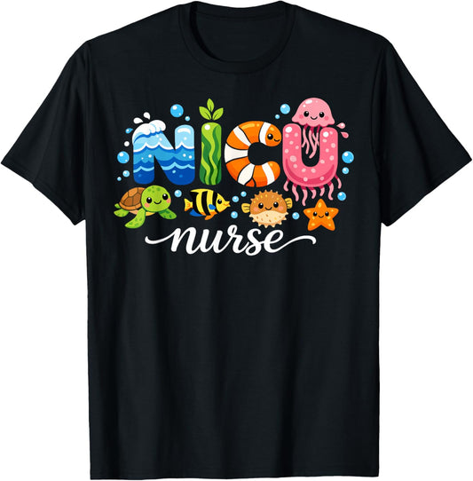 Neonatal Care Unit Cute Ocean Animals NICU Nurse T-Shirt - T-Shirt | Black