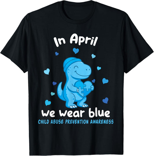 Dino in April We Wear Blue Child Abuse Prevention Awareness T-Shirt - T-Shirt | Black