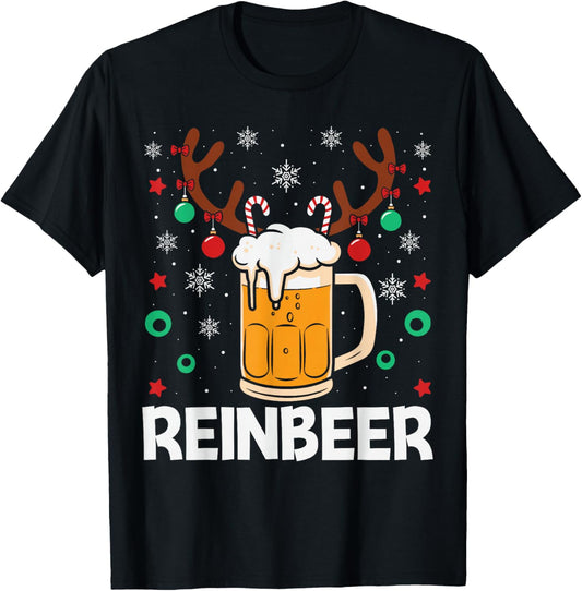 Funny Reinbeer WineDeer Beer Wine Matching Couples Christmas T-Shirt - T-Shirt | Black