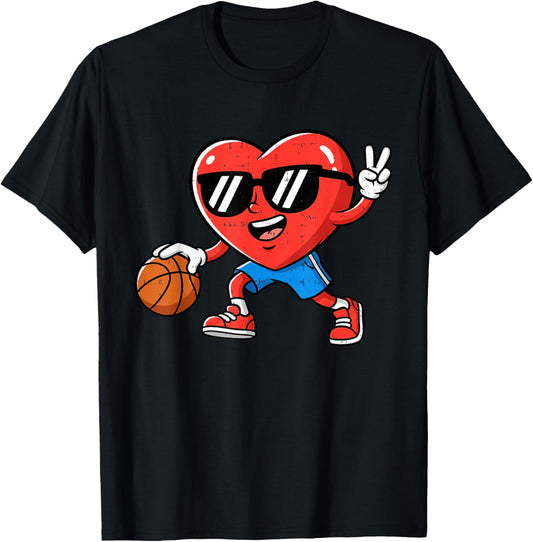 Heart Play Basketball Valentines Day for Teen Boys Girls Kid T-Shirt - T-Shirt | Black