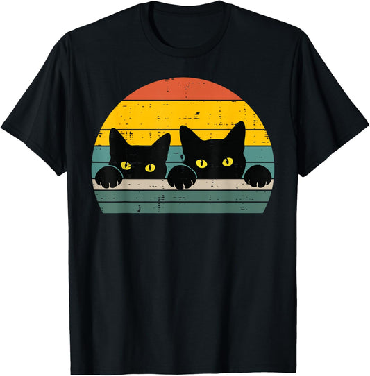 Black Cats Peeking Sunset Retro Kitten Kitty Men Women Kids T-Shirt - T-Shirt | Black