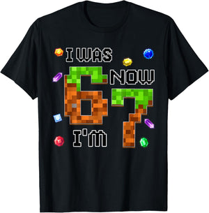 Funny Six Seven I was 6 Now I'm 7 Game Pixel 7th Birthday T-Shirt - T-Shirt | Black