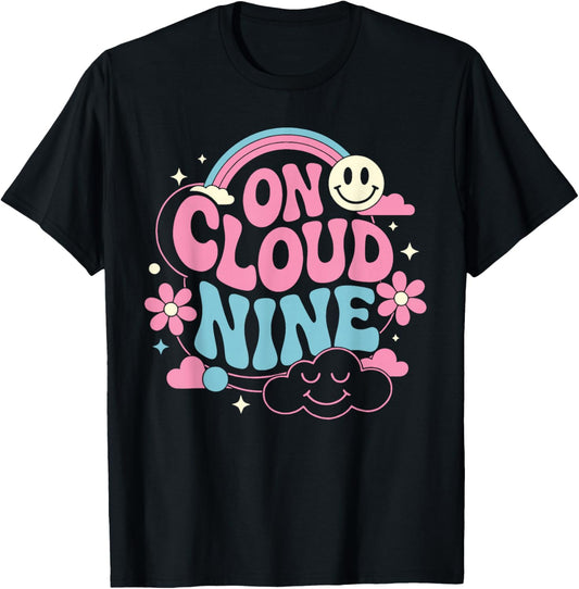 On Cloud Nine 9th Birthday Girl Birthday Rainbow Funny Retro T-Shirt - T-Shirt | Black