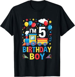 Five 5Yr 5Th Kids Boys Girls Train Birthday Boy 5 Years Old T-Shirt - T-Shirt | Black
