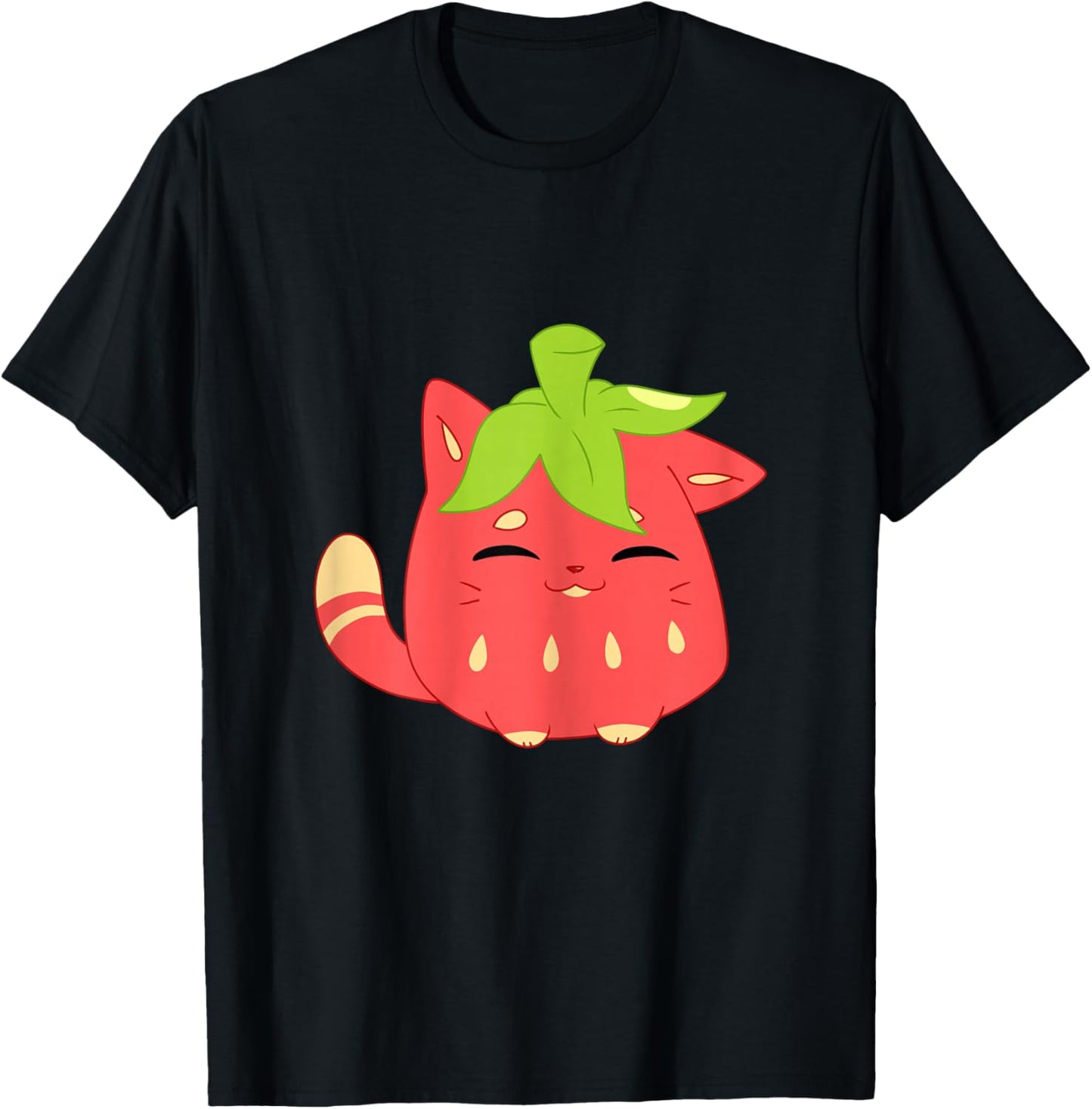 Cute Funny Sweet Cartoon Strawberry Shaped Smiling Cat T-Shirt - T-Shirt | Black