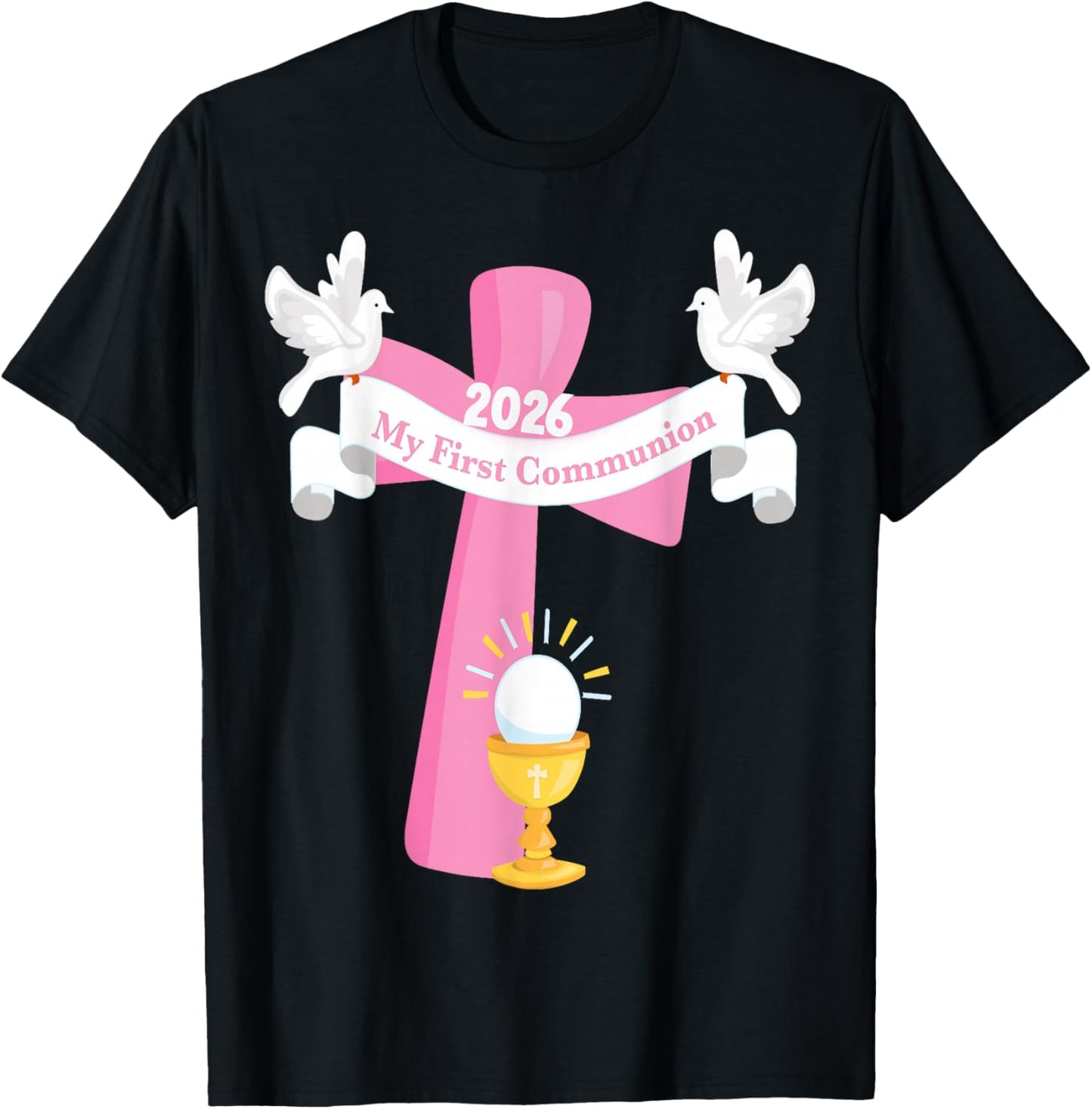 Girl First Communion 2026 Pink Cross Chalice Retreat Party T-Shirt - T-Shirt | Black