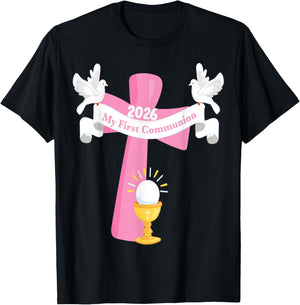 Girl First Communion 2026 Pink Cross Chalice Retreat Party T-Shirt - T-Shirt | Black
