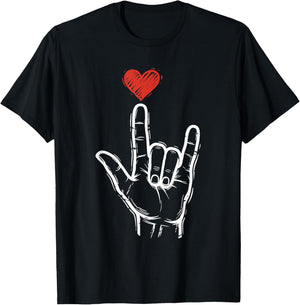 Valentines Day I Love You Hand Sign ASL Heart Women Men T-Shirt - T-Shirt | Black
