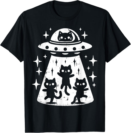 Cat UFO Abduction Funny Kitten Kitty Alien Girls Kids Women T-Shirt - T-Shirt | Black