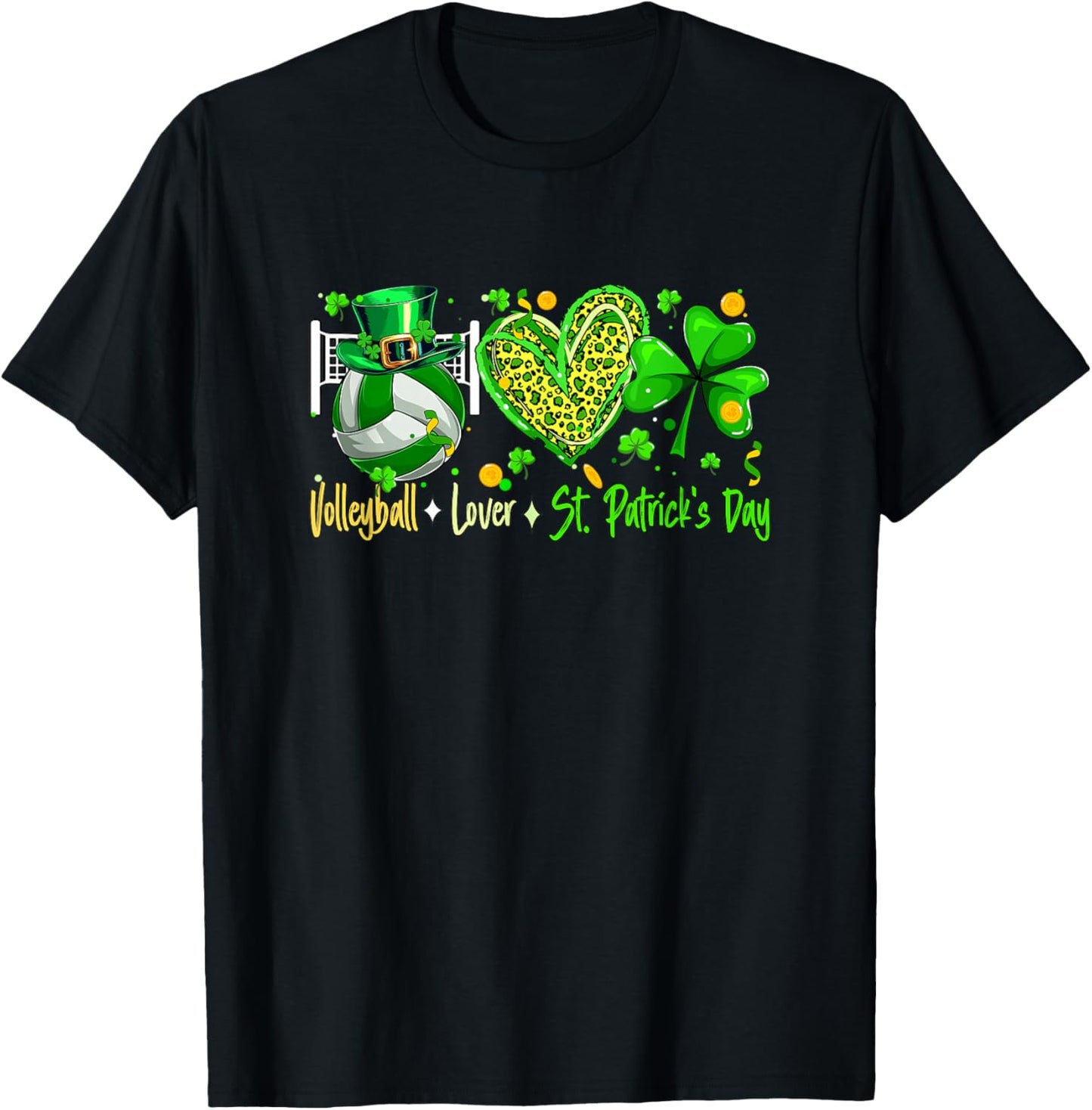 Volleyball Lover St. Patrick's Day Player Team Leopard Heart T-Shirt - T-Shirt | Black