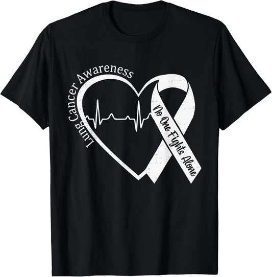 Lung Cancer Awareness Heart White Ribbon Support T-Shirt - T-Shirt | Black