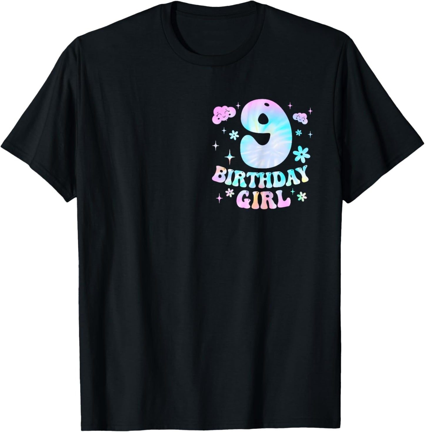 Kids 9th Birthday Girl 9 Year Old On Cloud Nine Bday 2 Sided T-Shirt - T-Shirt | Black