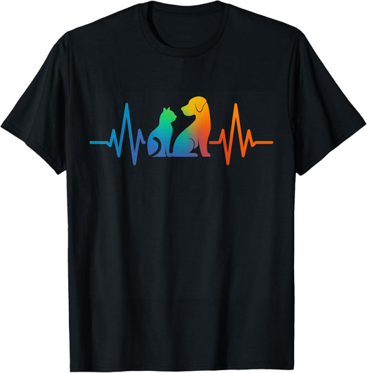 Line Art Veterinary Heartbeat Dog and Cat Lovers Vet Tech T-Shirt - T-Shirt | Black
