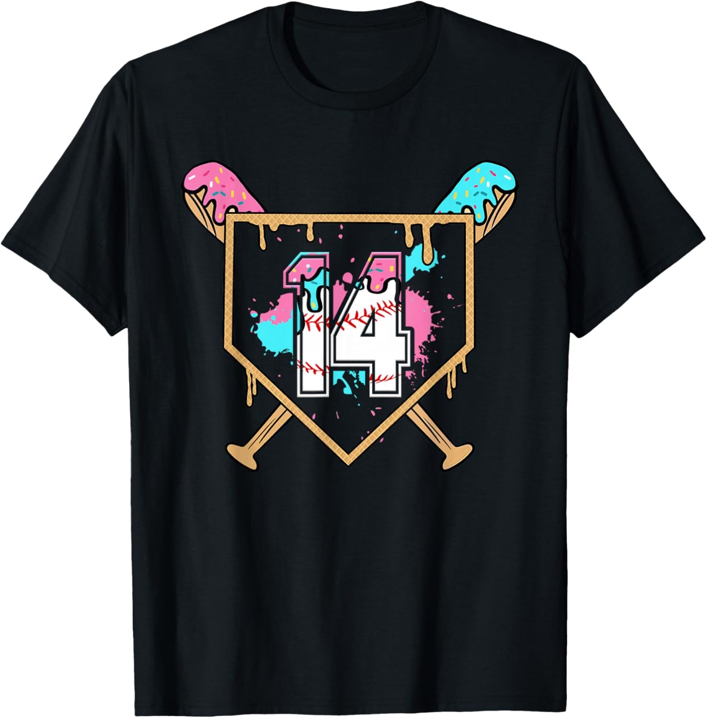 14th Birthday Baseball Bat Ice-Cream Drip 14yrs Old Boys T-Shirt - T-Shirt | Black
