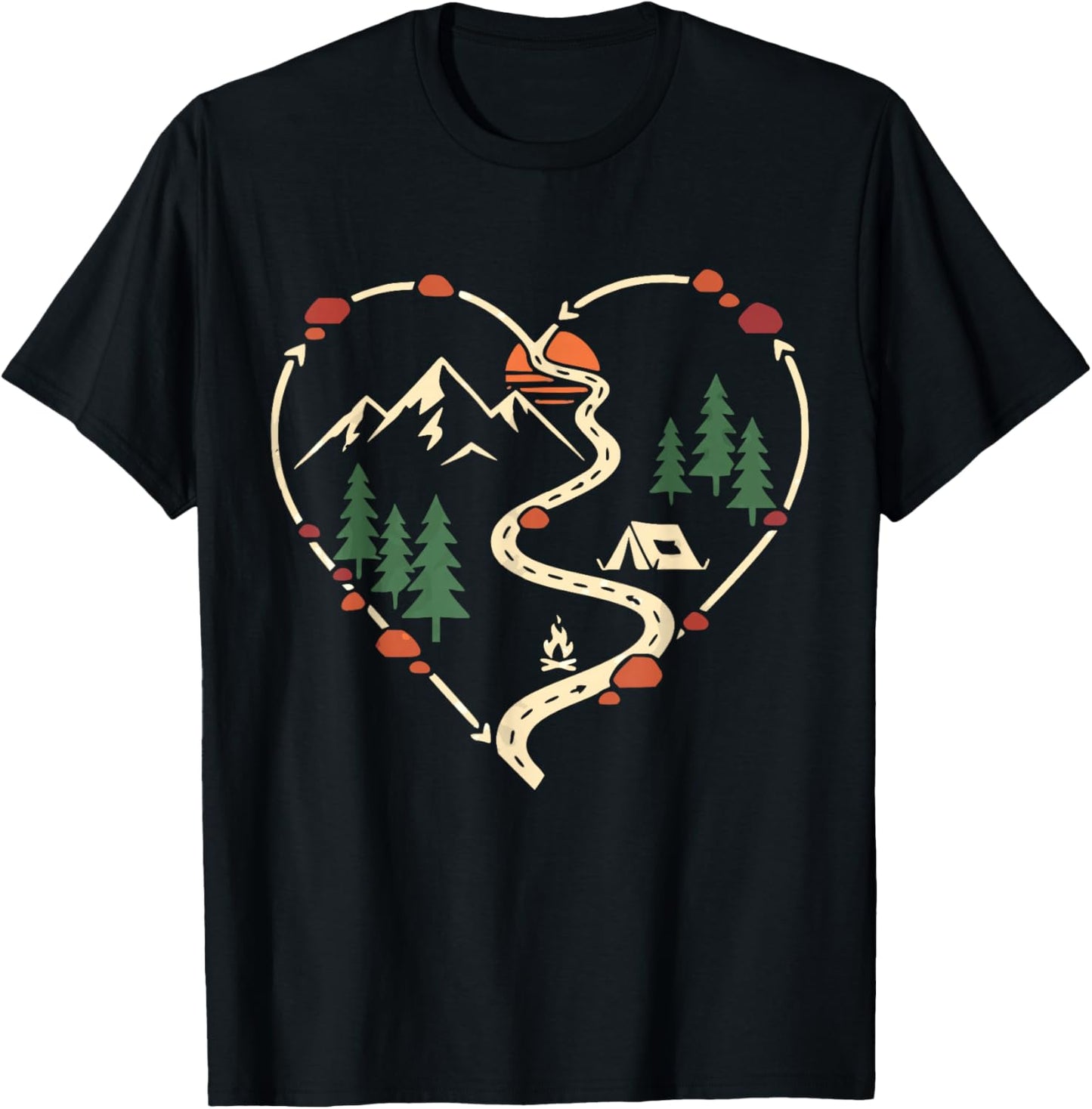 Camping Heart Mountain Hiking Love Adventure Outdoor Camper T-Shirt - T-Shirt | Black