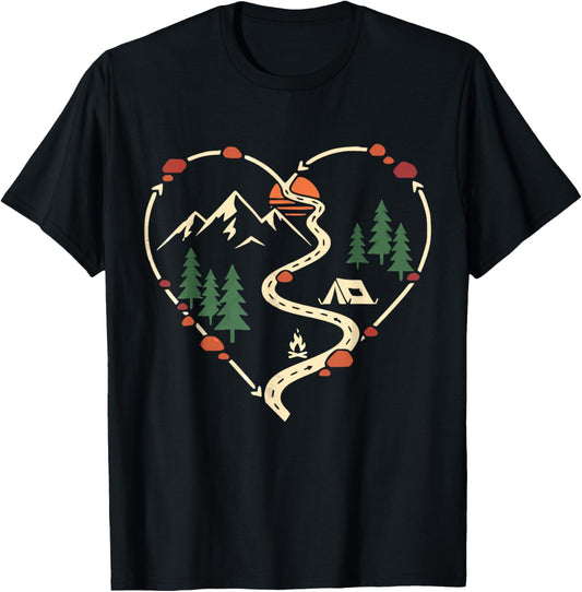 Camping Heart Mountain Hiking Love Adventure Outdoor Camper T-Shirt - T-Shirt | Black