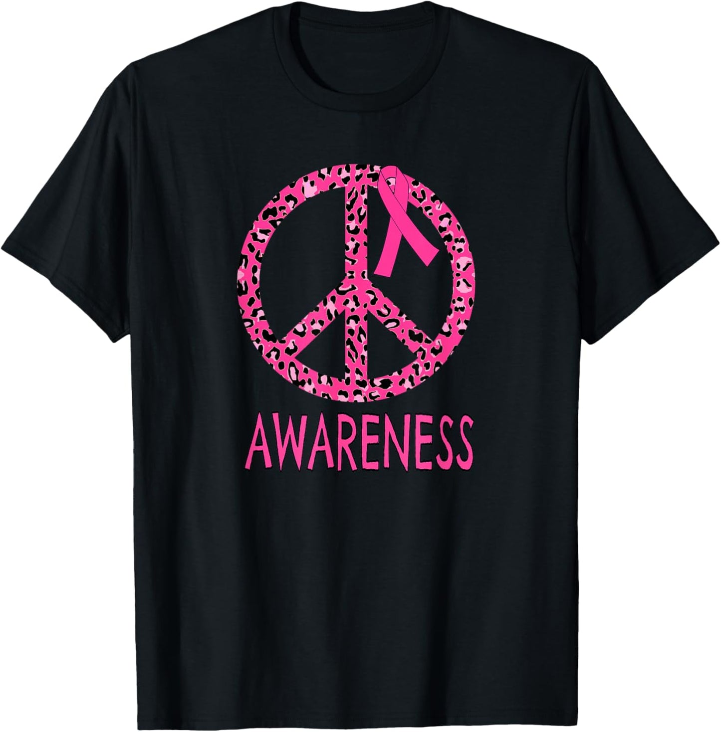 Breast Cancer Peace Sign Pink Leopard Print T-Shirt - T-Shirt | Black