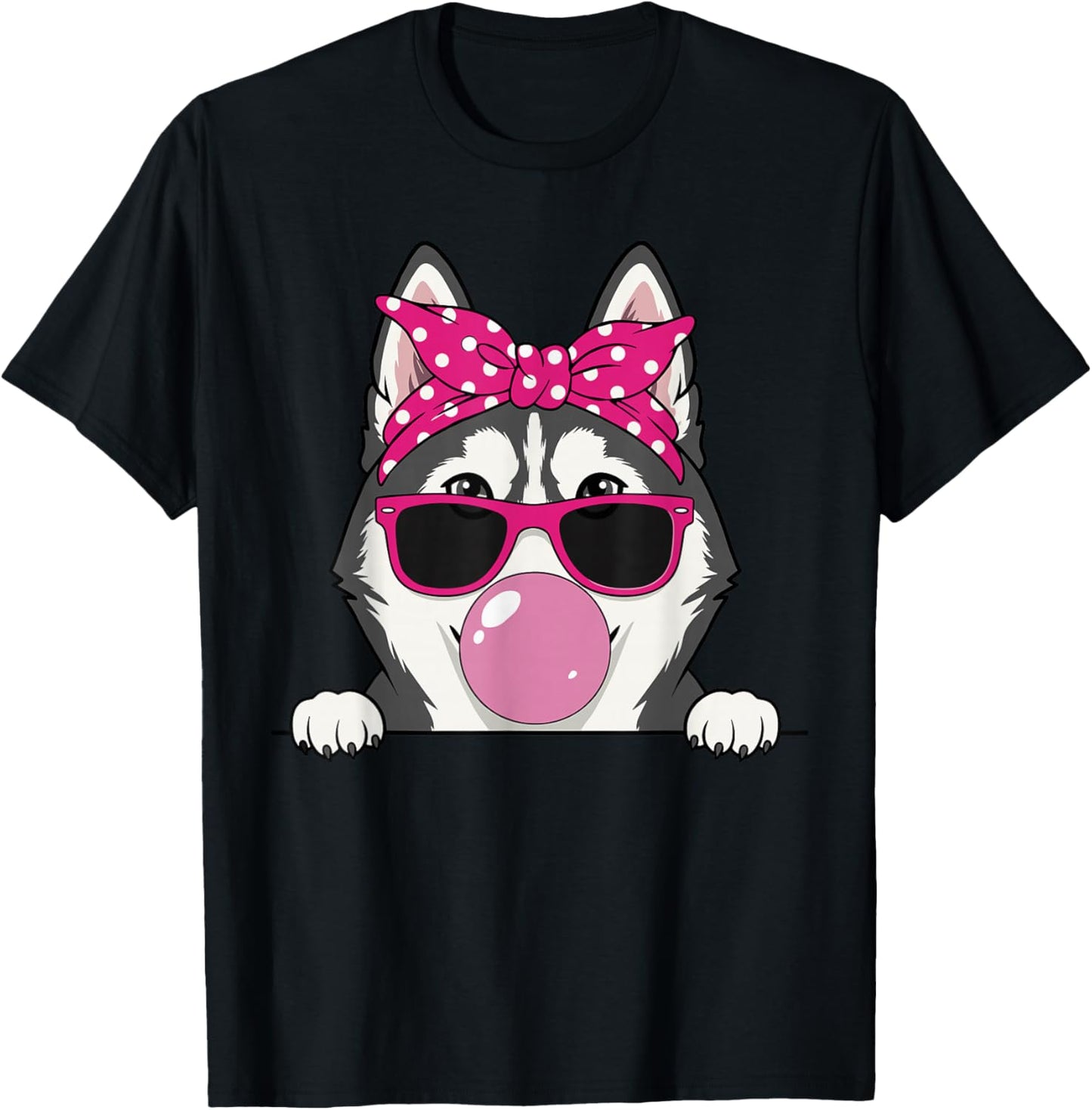 Husky Kawaii Girl Pink Bandana Funny Husky Bubblegum T-Shirt - T-Shirt | Black