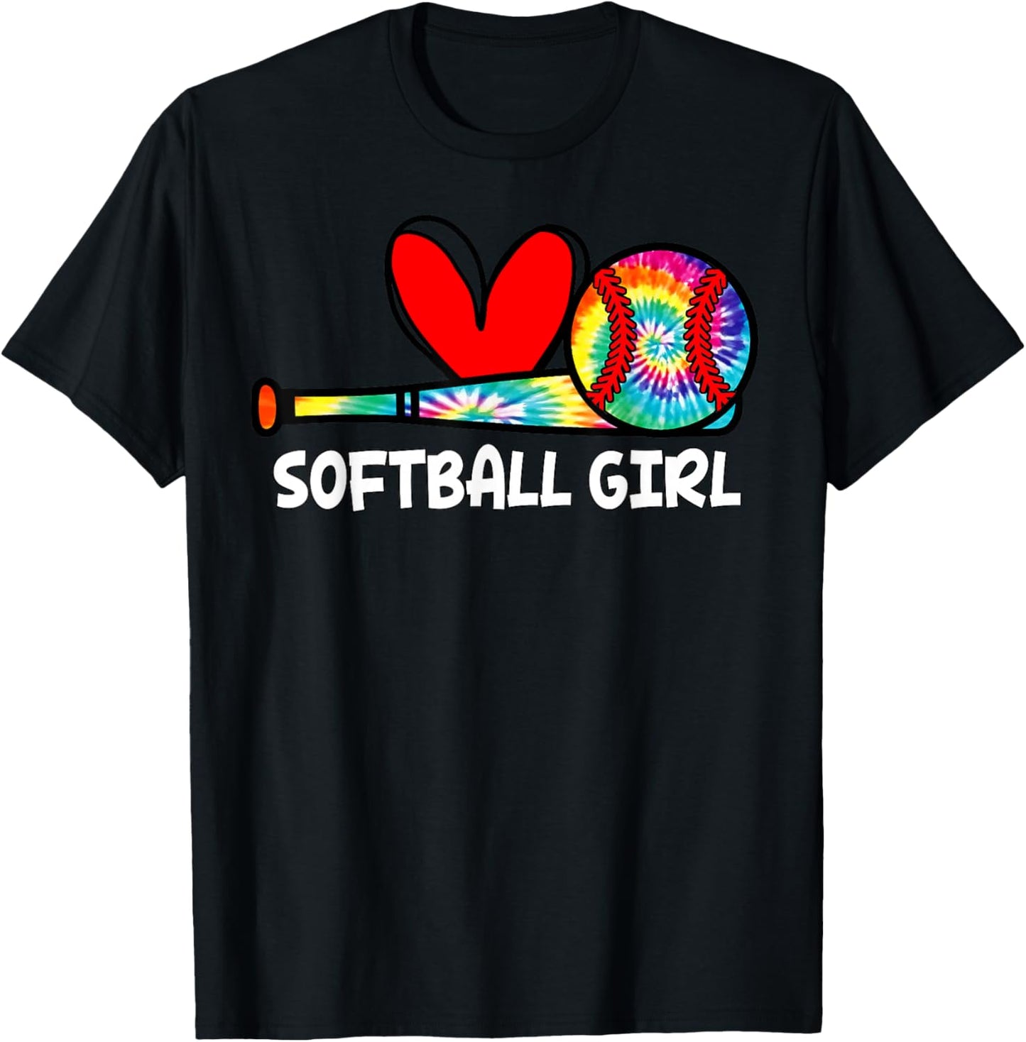 Softball Girl Tie Dye Heart Ball Cute Girls Softball T-Shirt - T-Shirt | Black
