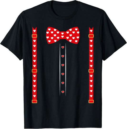 Valentine Outfit Red Hearts Bow Tie Valentines Day Costume T-Shirt - T-Shirt | Black