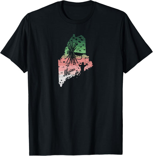 Vintage Big Fly Rainbow Trout Maine Map Fly Fishing T-Shirt - T-Shirt | Black