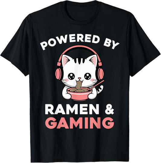 Gaming Cat Powered by Gaming & Ramen Funny Gamer Cat T-Shirt - T-Shirt | Black