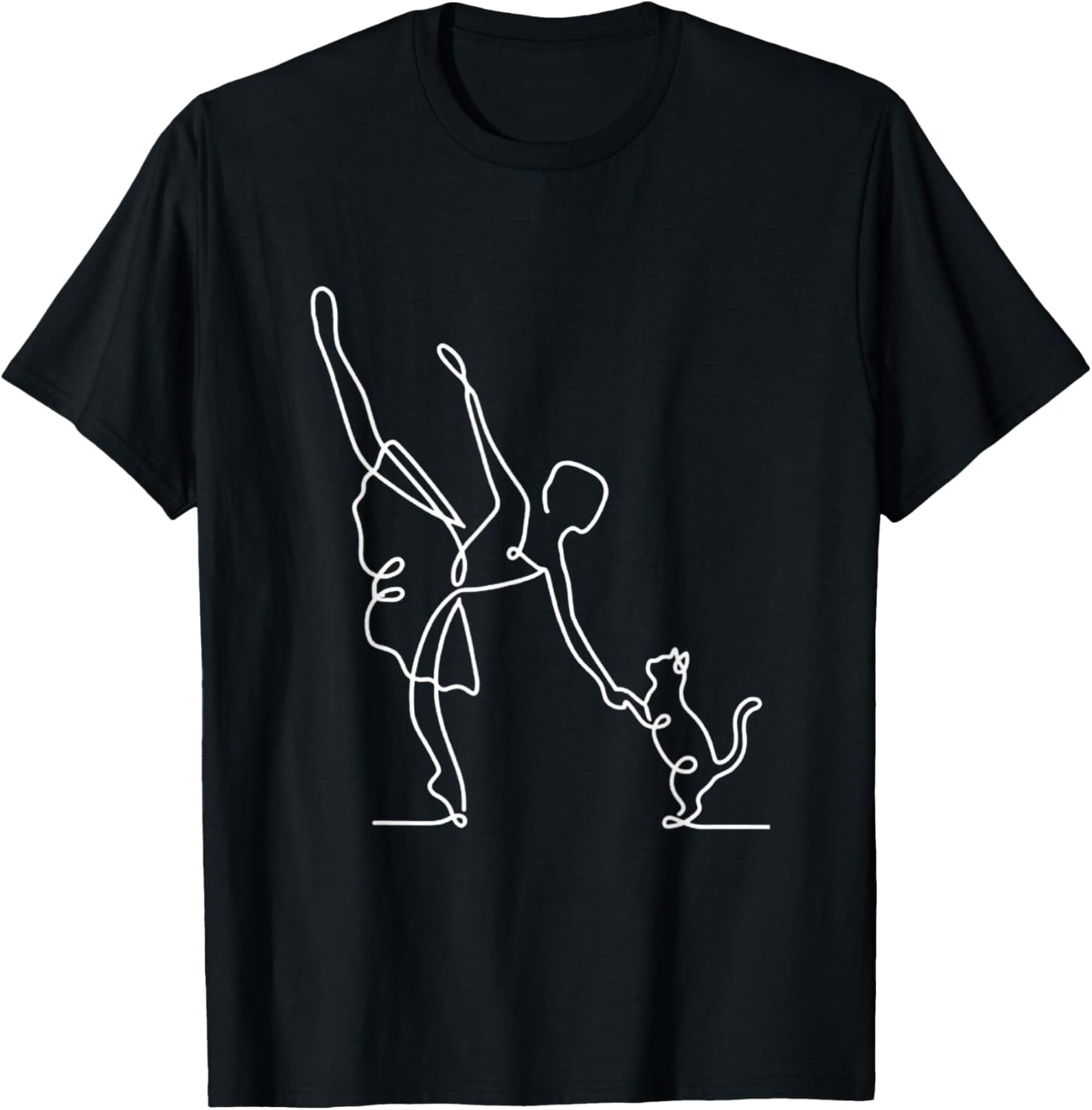 Minimalist Ballerina and Cat Line Art Ballet Dancer Pet Love T-Shirt - T-Shirt | Black