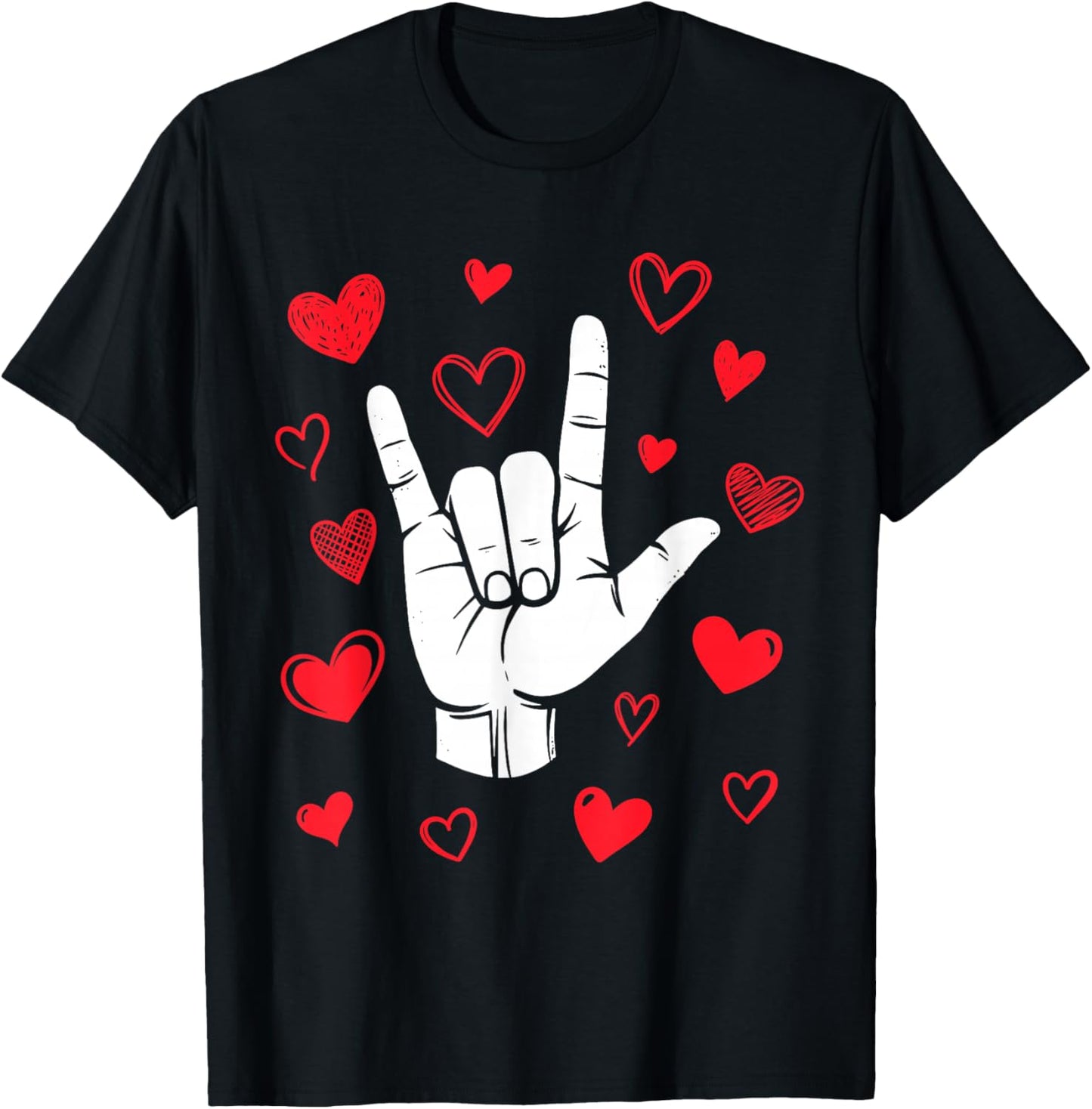 I Love You Sign Language Valentine's Day ASL Hearts T-Shirt - T-Shirt | Black