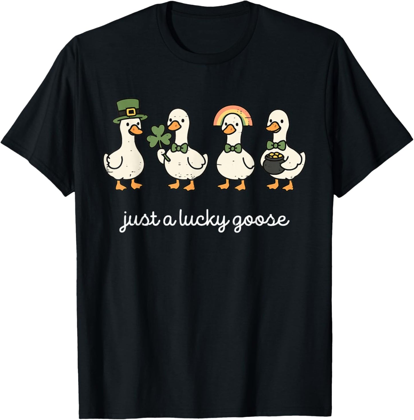 Funny Just A Lucky Goose St Patricks Day Cute Duck Shamrock T-Shirt - T-Shirt | Black