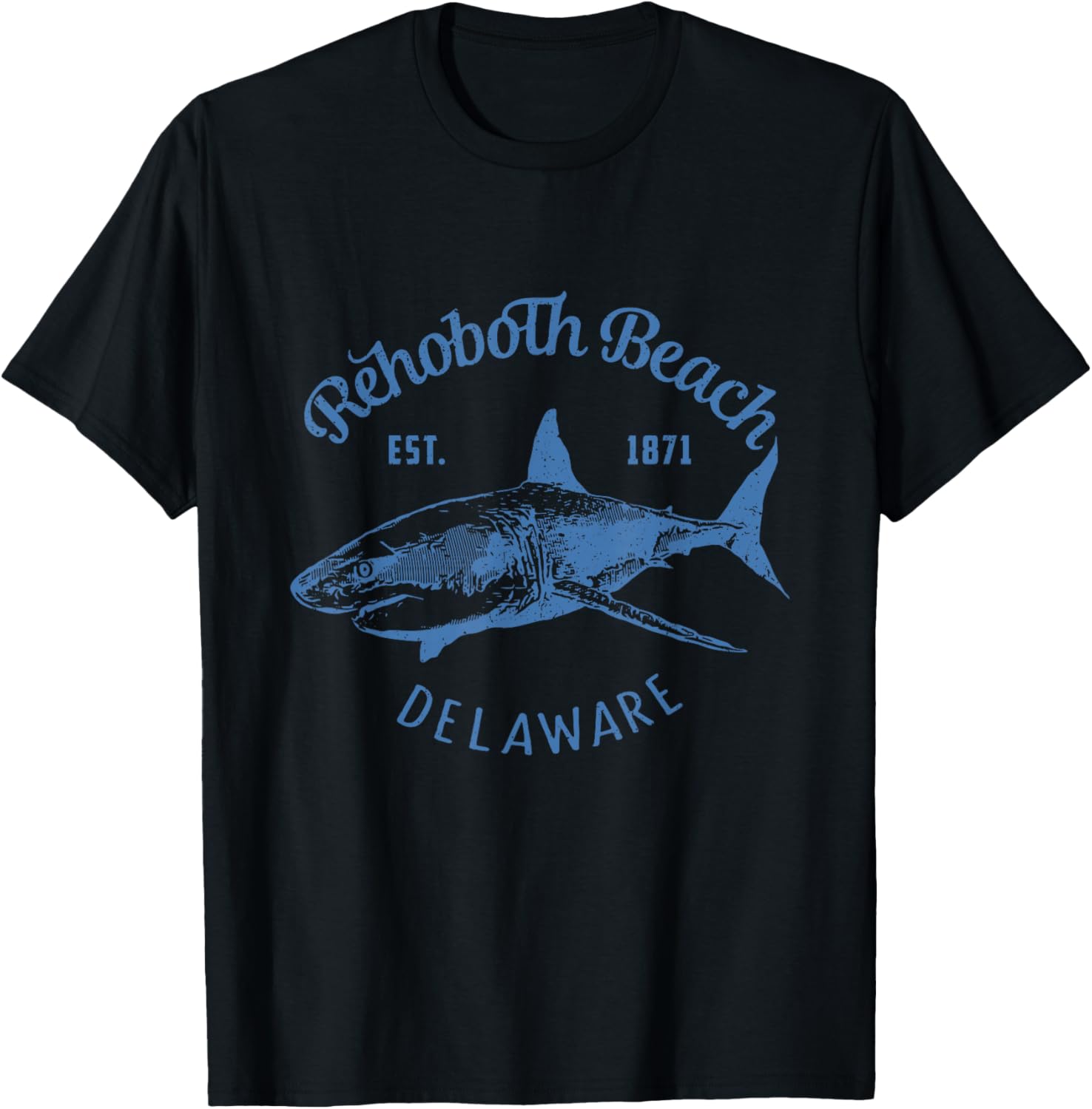 Rehoboth Beach Delaware Shark and Vintage Lettering Design T-Shirt - T-Shirt | Black