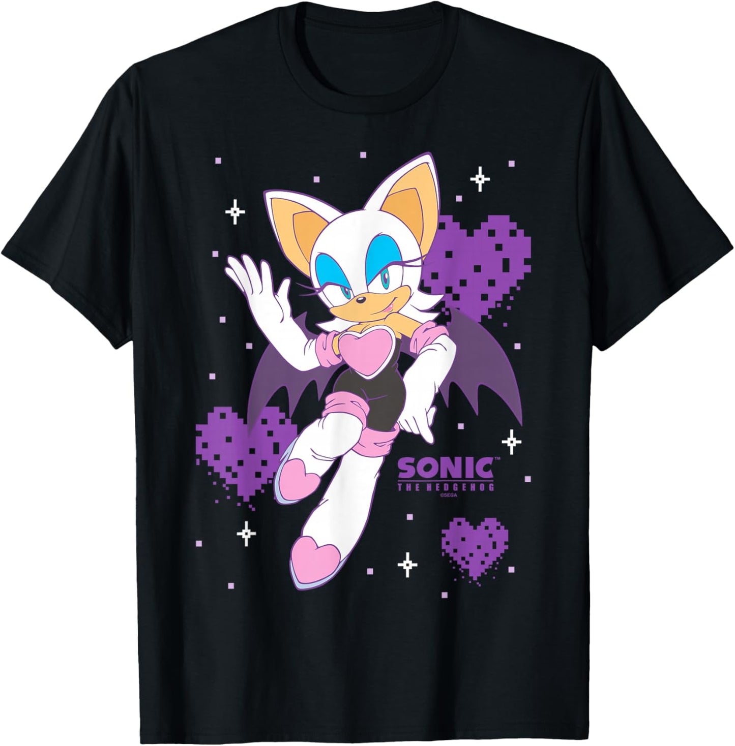 Sonic The Hedgehog Rouge The Bat Pixalated Hearts Background T-Shirt - T-Shirt | Black