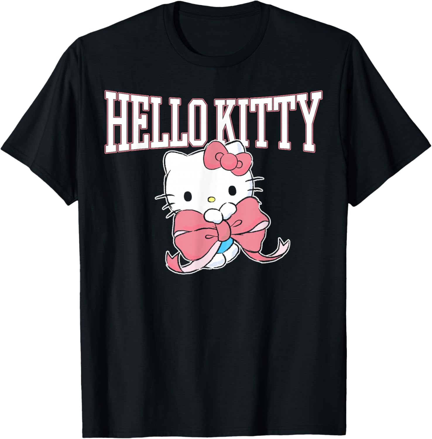 Hello Kitty Holding Pink Bow Collegiate Style Lettering T-Shirt - T-Shirt | Black