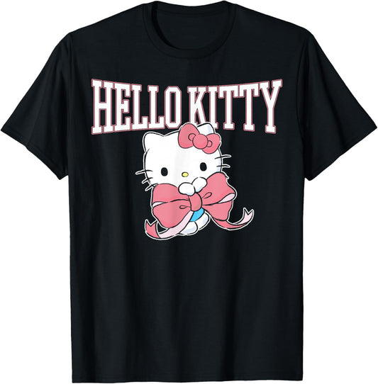 Hello Kitty Holding Pink Bow Collegiate Style Lettering T-Shirt - T-Shirt | Black