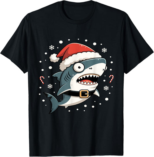 Funny Shark Christmas Lights Santa Hat Ocean Design Boys Men T-Shirt - T-Shirt | Black