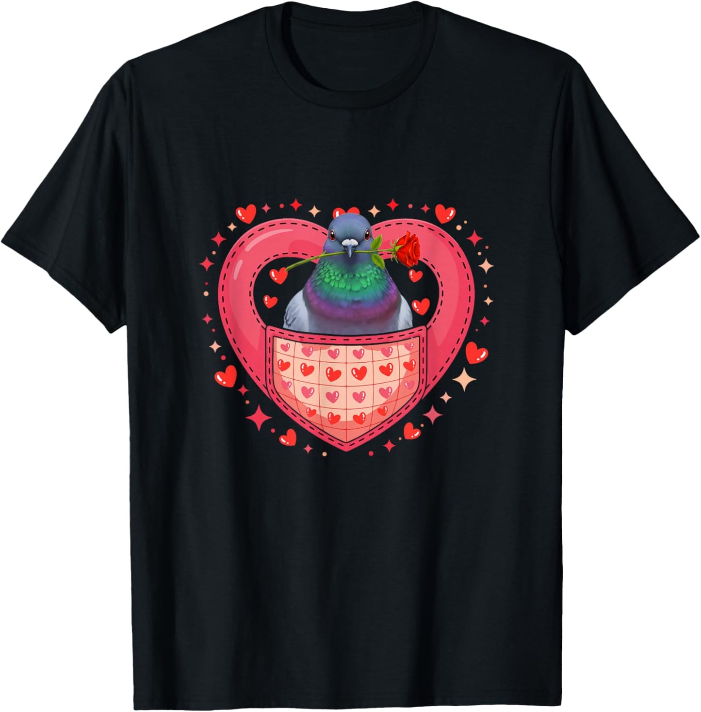 Pigeon in Pocket Cute Heart Valentine Floral Birds Lover T-Shirt - T-Shirt | Black