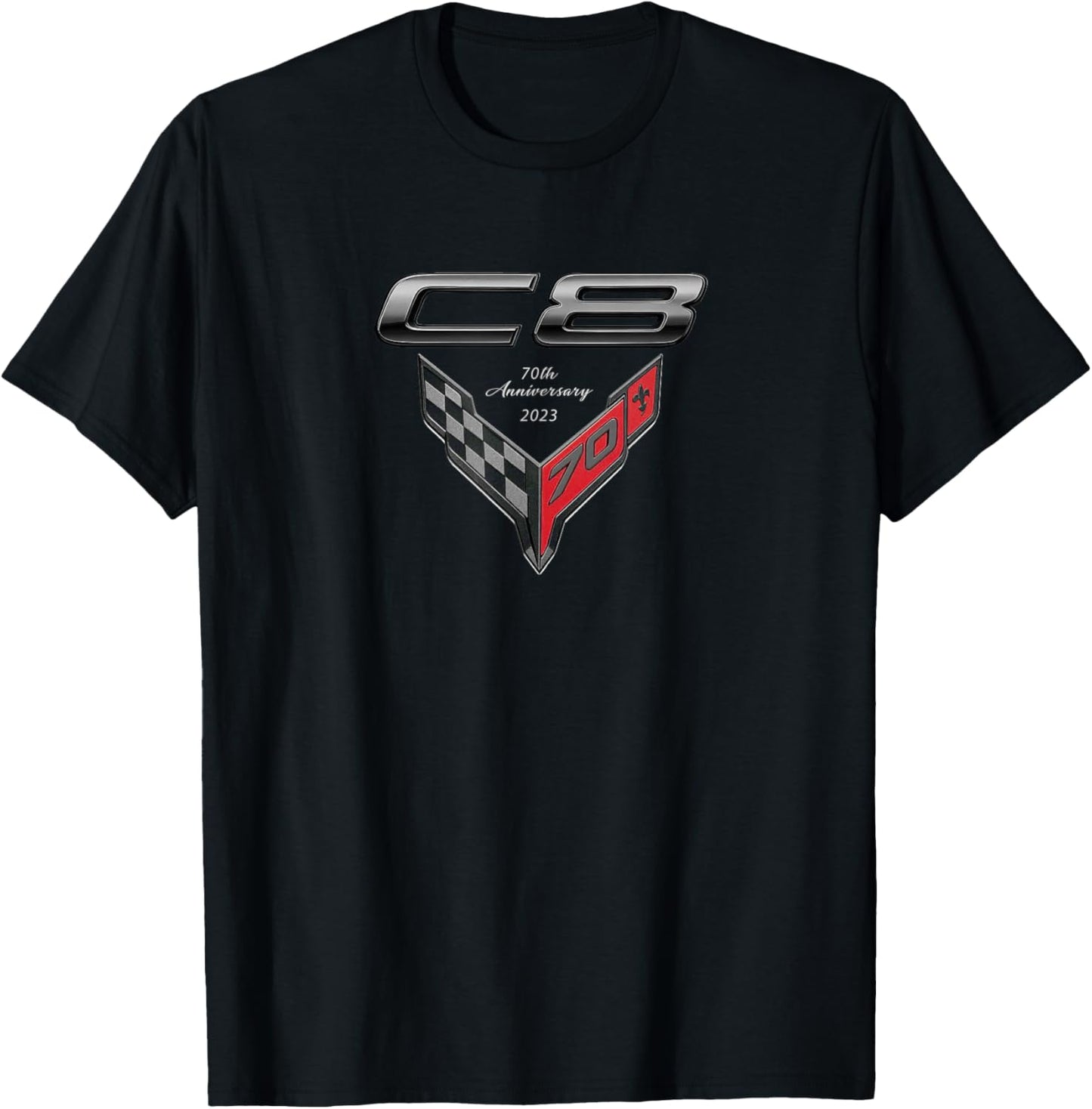 C8 Sports CAR Emblem 2023 70th Anniversary Cross Flags Badge T-Shirt - T-Shirt | Black