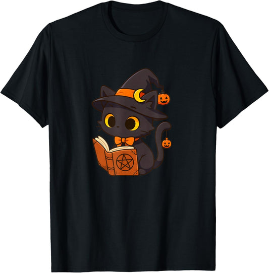 Cute Black Witch Cat Reading Spells Book Kawaii Halloween T-Shirt - T-Shirt | Black