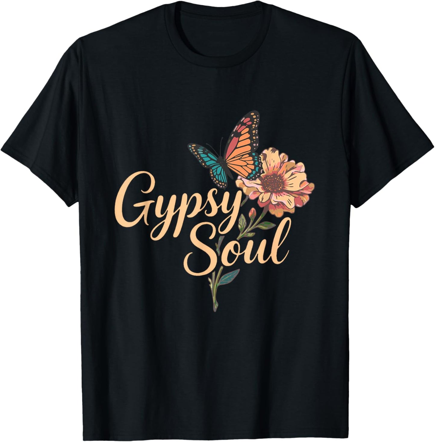 Gypsy Soul Vintage Flowers Butterfly Hippie Flowerpower T-Shirt - T-Shirt | Black