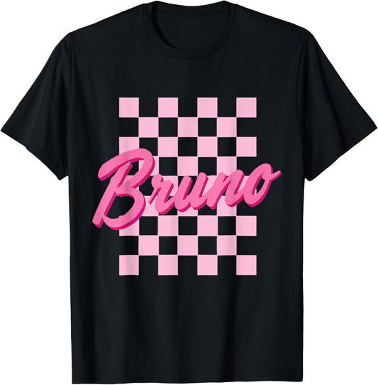 Checkered Bruno Personalized Name I Love Bruno 80's Retro T-Shirt - T-Shirt | Black