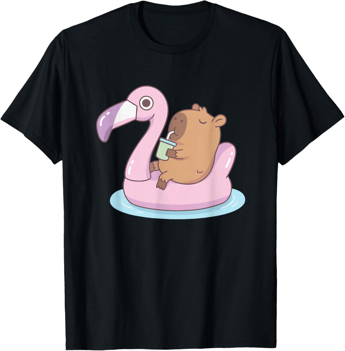 Cute Capybara Floating Flamingo Pool Summer Cartoon T-Shirt - T-Shirt | Black