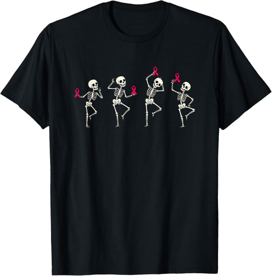 Funny Dancing Skeletons Pink Ribbon Awareness Halloween T-Shirt - T-Shirt | Black