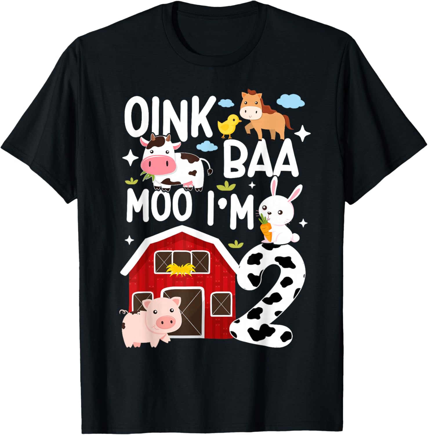 Oink Baa Moo I'm 2 Farm Theme Birthday 2 Year Old Party T-Shirt - T-Shirt | Black