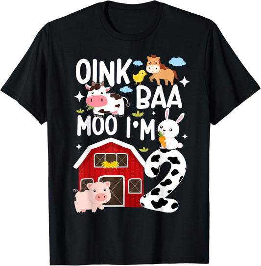 Oink Baa Moo I'm 2 Farm Theme Birthday 2 Year Old Party T-Shirt - T-Shirt | Black