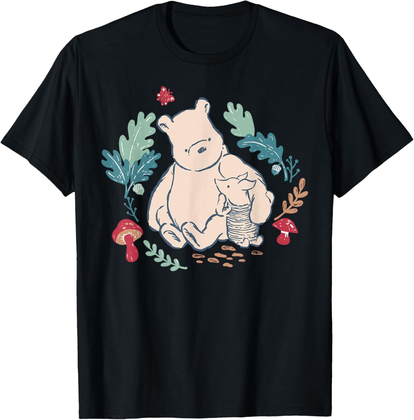 Disney Winnie The Pooh Classic Illustration Piglet and Pooh T-Shirt - T-Shirt | Black