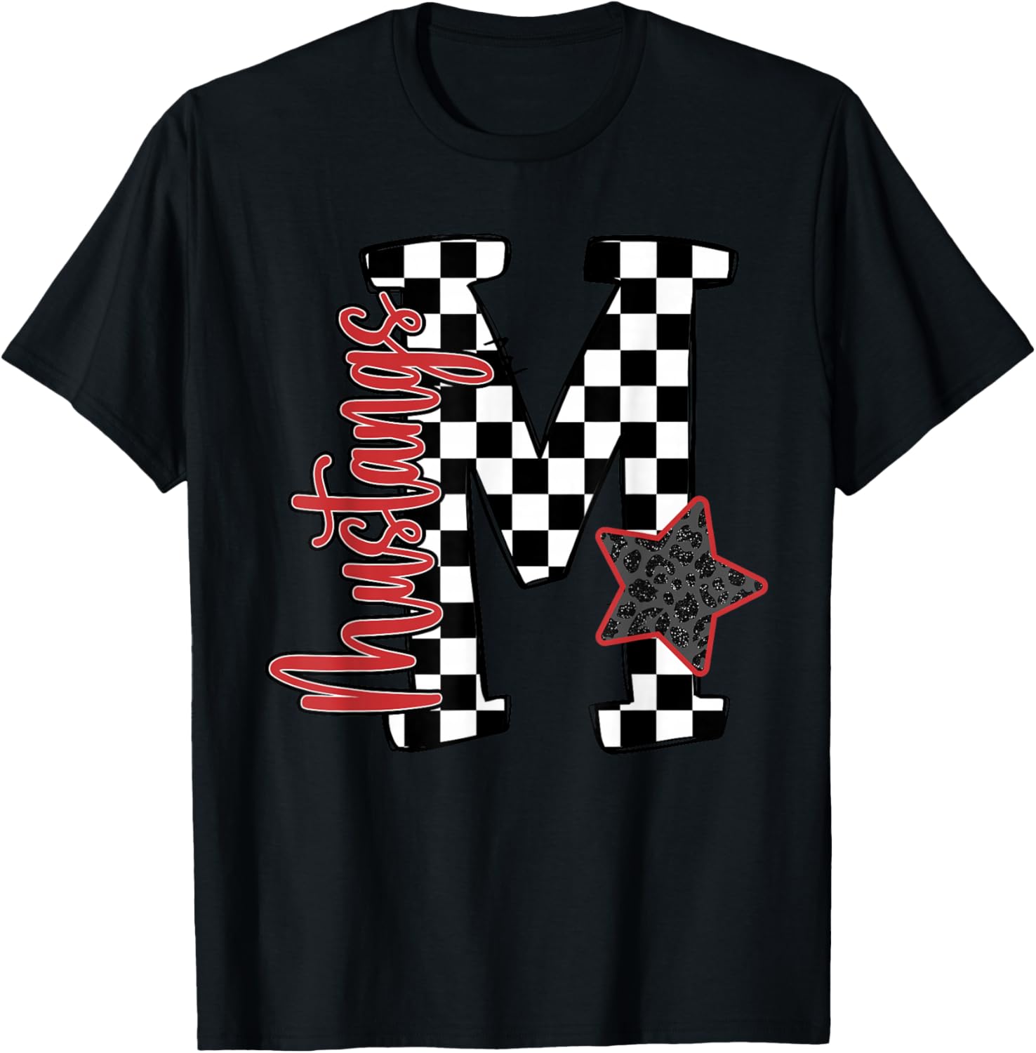 Red Mustangs Checkered Print Star School Spirit Mascot T-Shirt - T-Shirt | Black