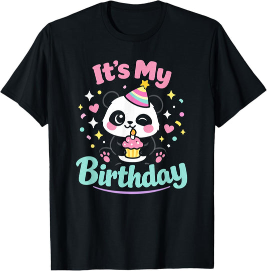 Panda It's My Birthday Kawaii Cupcake Look Girls Party T-Shirt - T-Shirt | Black